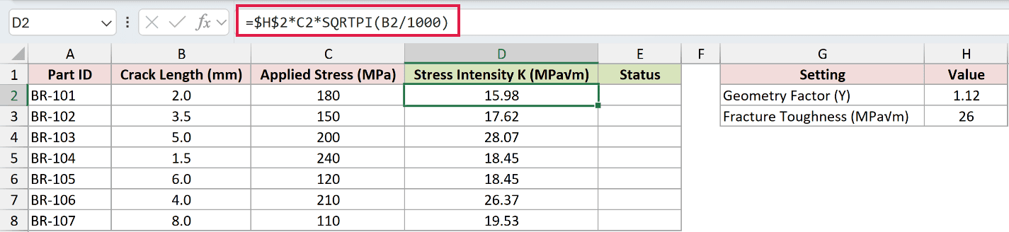 =$H$2*C2*SQRTPI(B2/1000) in D2