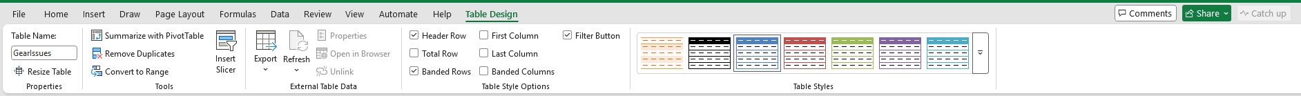 Table Design tab with GearIssues in the Table Name box.