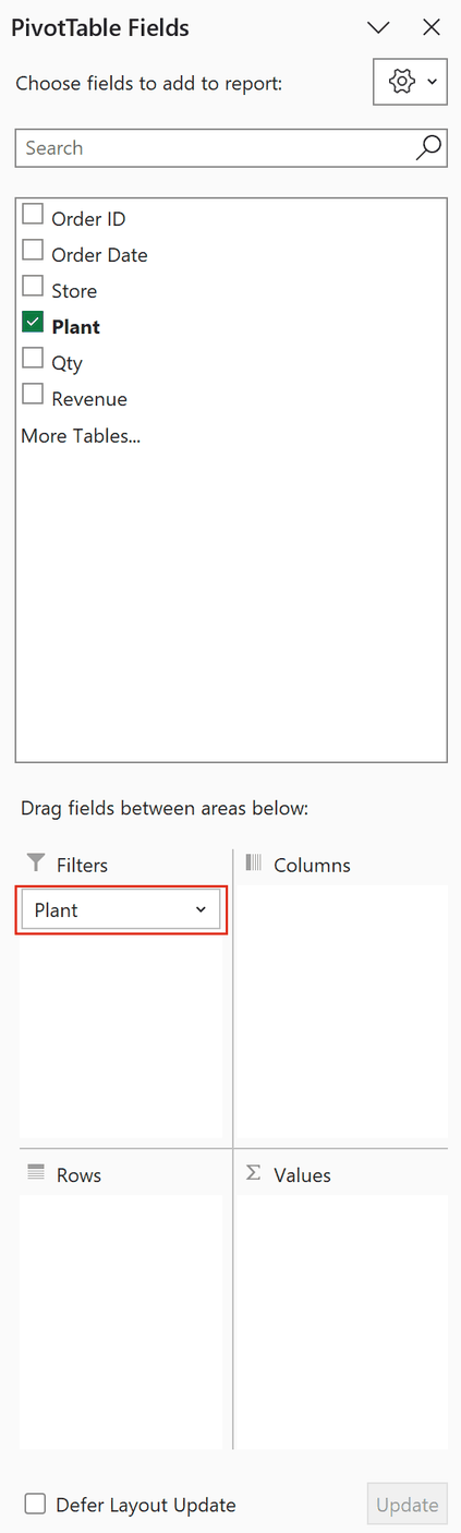 PivotTable Fields pane with Plant in the Filters area and nothing in Rows or Values