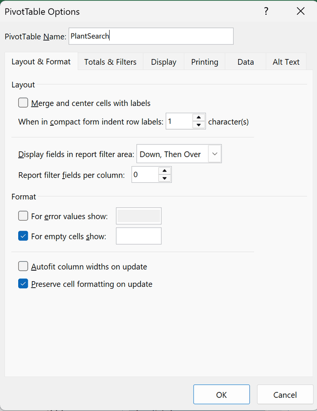 PivotTable Options, Layout & Format tab, Autofit column widths on update unchecked