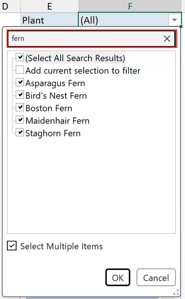 Report filter drop-down searching fern with the five ferns checked