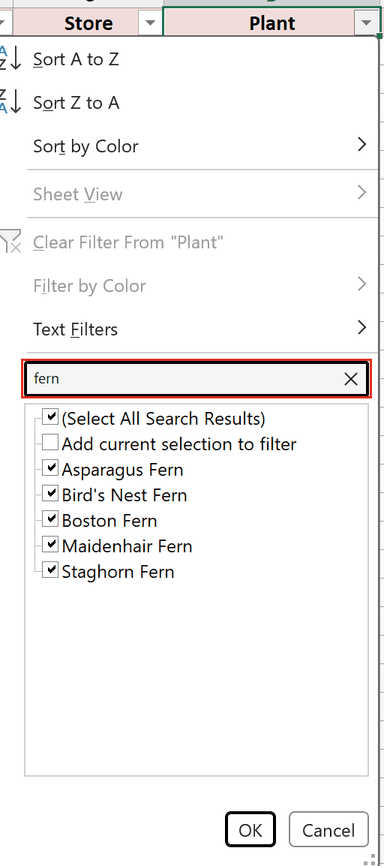 Table filter drop-down searching fern