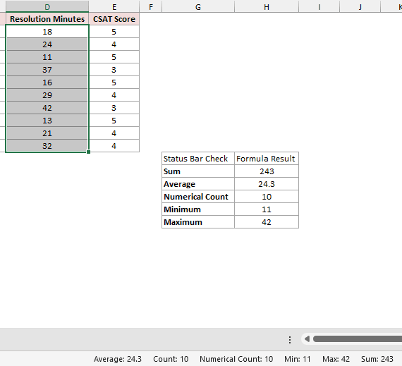 Selected resolution minutes, stored worksheet formula checks, and matching live Excel status-bar summaries