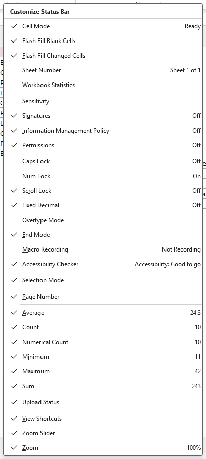 Excel Customize Status Bar menu showing a checklist of available display options, modes, and summary statistics
