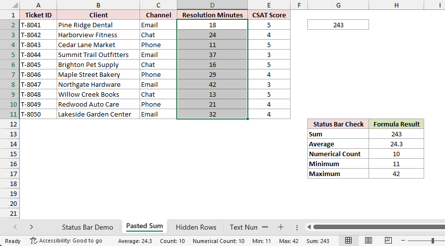 Resolution minutes selected in Excel with the status bar showing Sum 243 and the copied value 243 pasted into cell G2