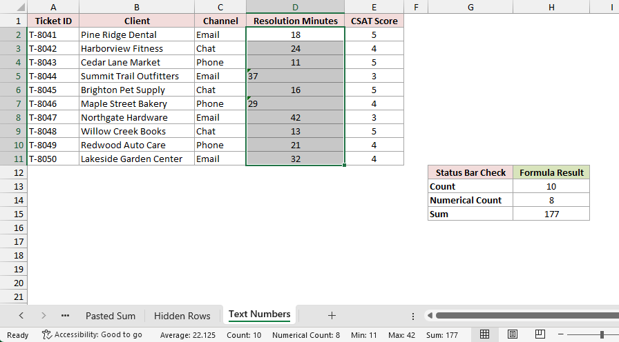 Excel status bar showing Count 10, Numerical Count 8, and Sum 177 when two values in the selection are stored as text