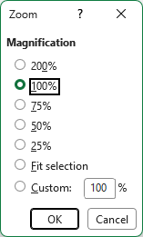 Excel Zoom dialog box showing Magnification options with 100% selected and an input field for custom zoom percentages