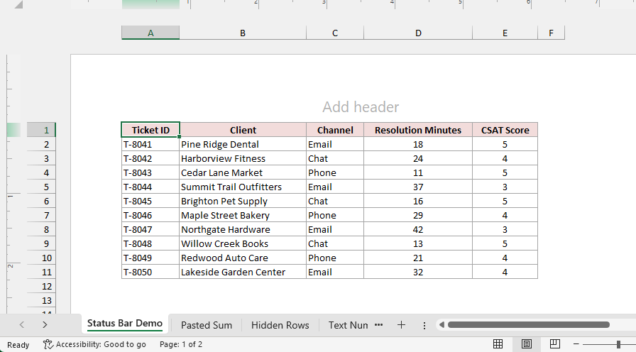 Excel Page Layout view with the status bar showing Page 1 of 2