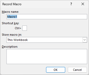 Excel Record Macro dialog box with fields for macro name, shortcut key, storage location, and description