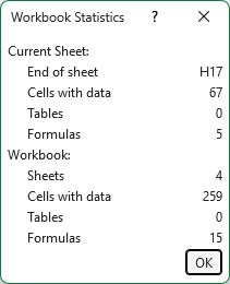 Excel Workbook Statistics dialog box showing data counts for the current sheet and the entire workbook