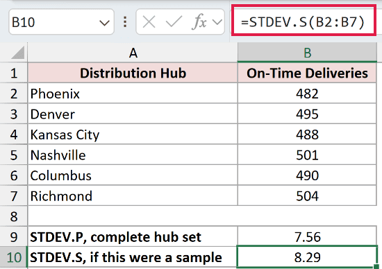 =STDEV.S(B2:B7) in B10