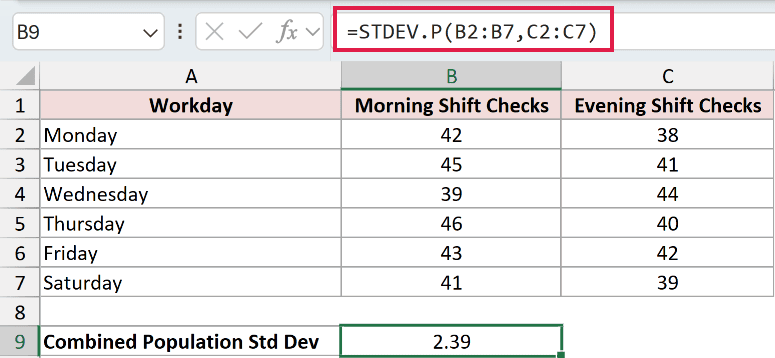 =STDEV.P(B2:B7,C2:C7) in B9