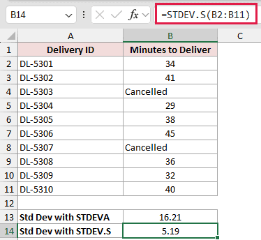 =STDEV.S(B2:B11) in B14