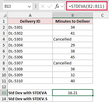 =STDEVA(B2:B11) in B13