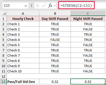 =STDEVA(C2:C11) in C13