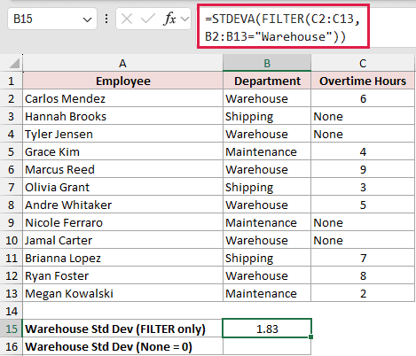 =STDEVA(FILTER(C2:C13,B2:B13="Warehouse")) in B15