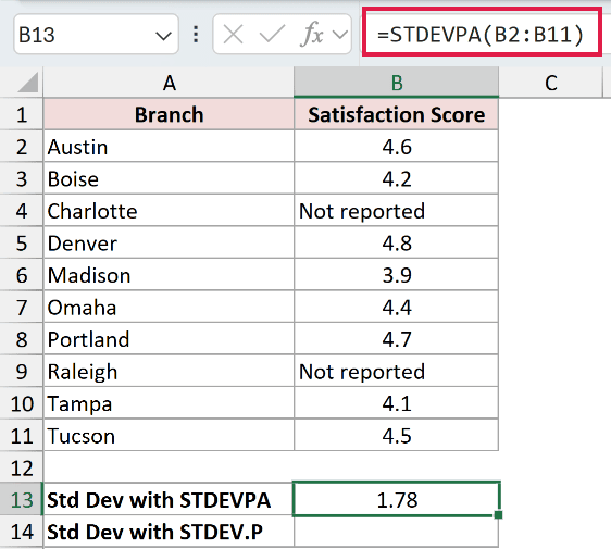 =STDEVPA(B2:B11) in B13