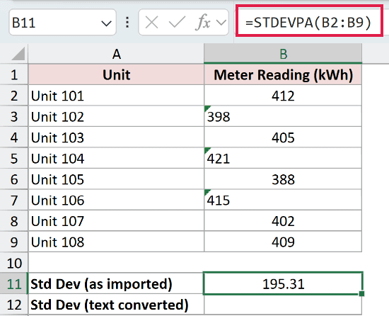=STDEVPA(B2:B9) in B11