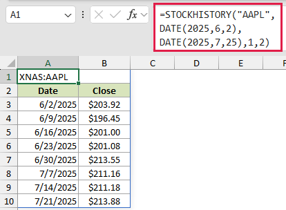=STOCKHISTORY("AAPL",DATE(2025,6,2),DATE(2025,7,25),1,2) in A1