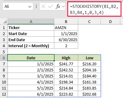 =STOCKHISTORY(B1,B2,B3,B4,1,0,3,4) in A6