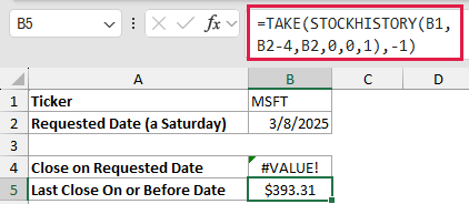 =TAKE(STOCKHISTORY(B1,B2-4,B2,0,0,1),-1) in B5