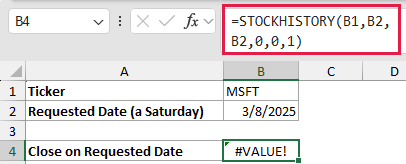 =STOCKHISTORY(B1,B2,B2,0,0,1) in B4