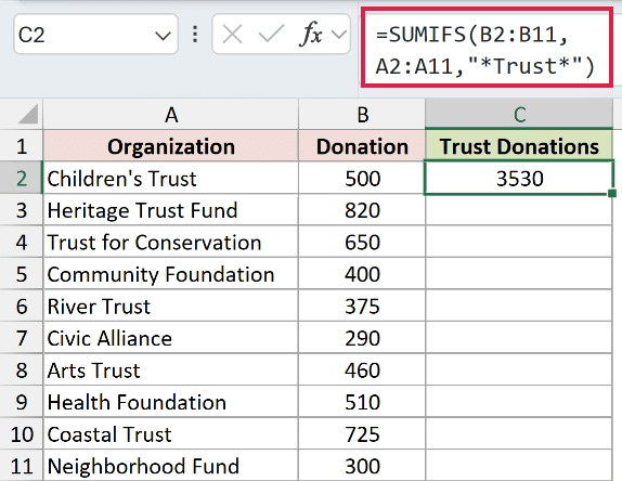 SUMIFS Example 3: formula and calculated result in C2