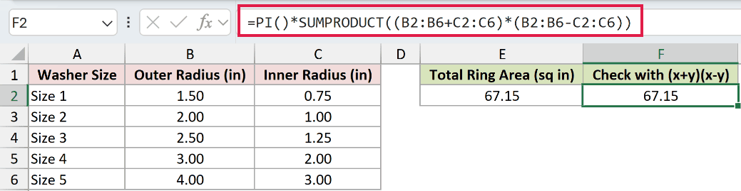 =PI()*SUMPRODUCT((B2:B6+C2:C6)*(B2:B6-C2:C6)) in F2