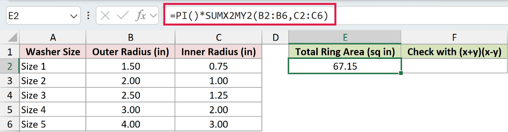 =PI()*SUMX2MY2(B2:B6,C2:C6) in E2