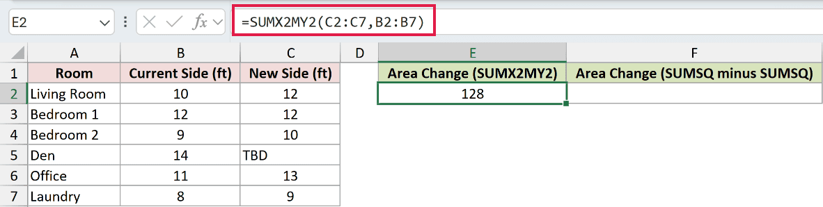 =SUMX2MY2(C2:C7,B2:B7) in E2