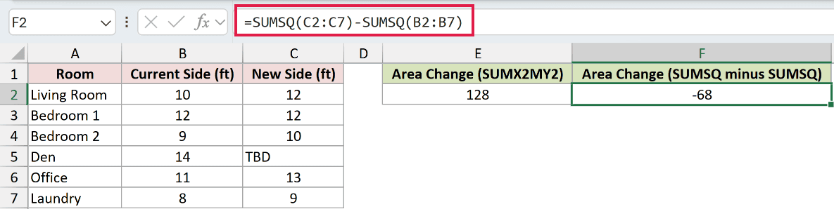 =SUMSQ(C2:C7)-SUMSQ(B2:B7) in F2