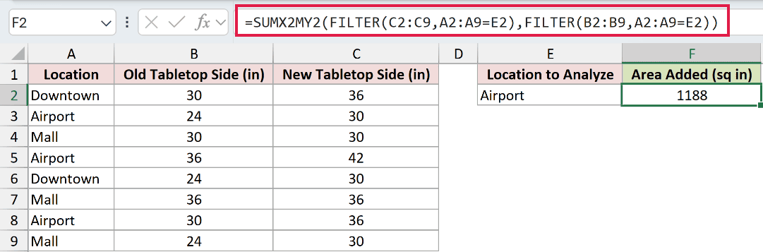 =SUMX2MY2(FILTER(C2:C9,A2:A9=E2),FILTER(B2:B9,A2:A9=E2)) in F2