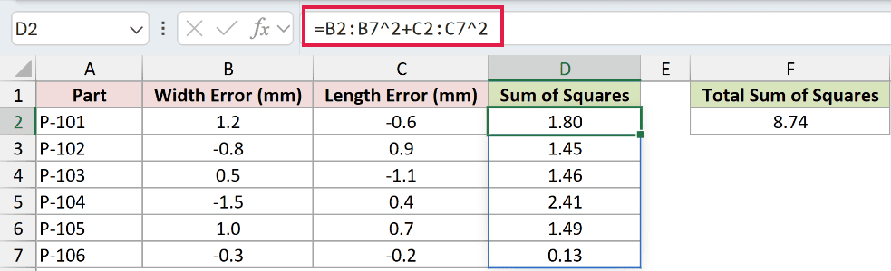 =B2:B7^2+C2:C7^2 in D2