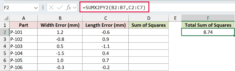 =SUMX2PY2(B2:B7,C2:C7) in F2