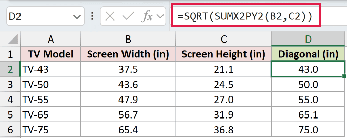=SQRT(SUMX2PY2(B2,C2)) in D2