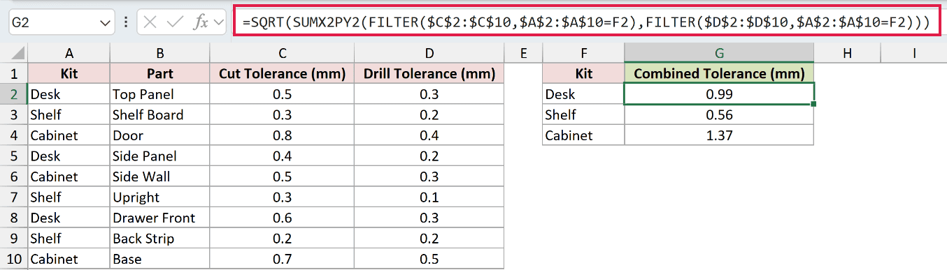 =SQRT(SUMX2PY2(FILTER($C$2:$C$10,$A$2:$A$10=F2),FILTER($D$2:$D$10,$A$2:$A$10=F2))) in G2