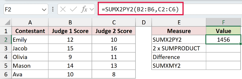 =SUMX2PY2(B2:B6,C2:C6) in F2