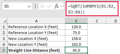 Calculate Distance Between Coordinates: formula in B5 and its calculated results in Excel.