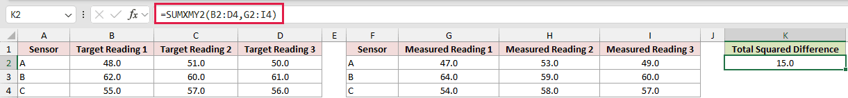 Compare Matching Matrices: formula in K2 and its calculated results in Excel.