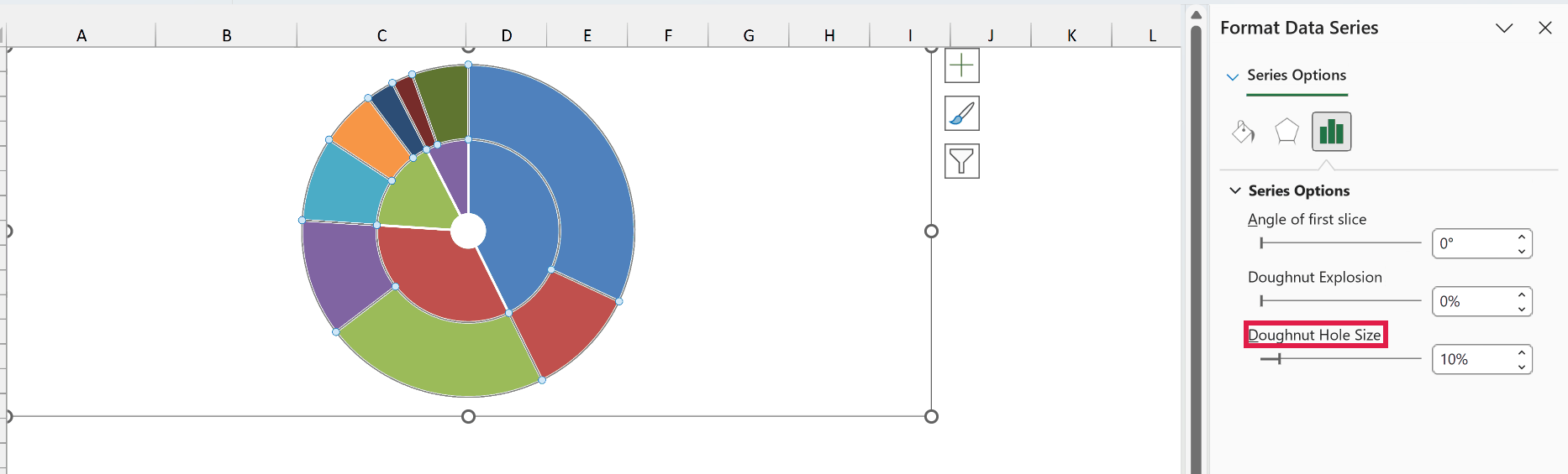 Format Data Series with Doughnut Hole Size set to the minimum 10%, leaving a small centre hole