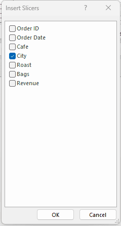 Insert Slicers dialog with City checked