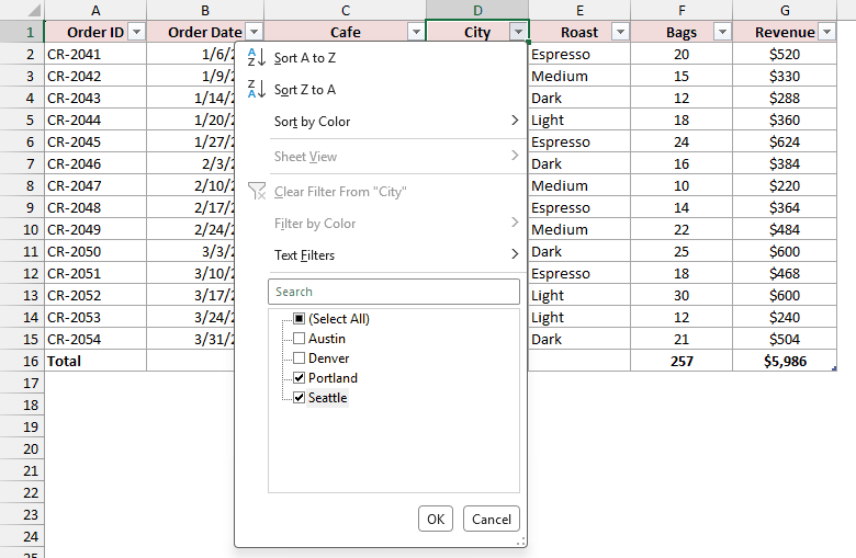 City filter drop-down with Portland and Seattle checked