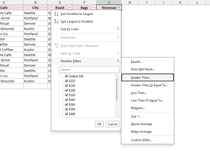 Revenue filter with Number Filters > Greater Than