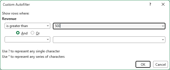 Custom AutoFilter dialog with is greater than 500