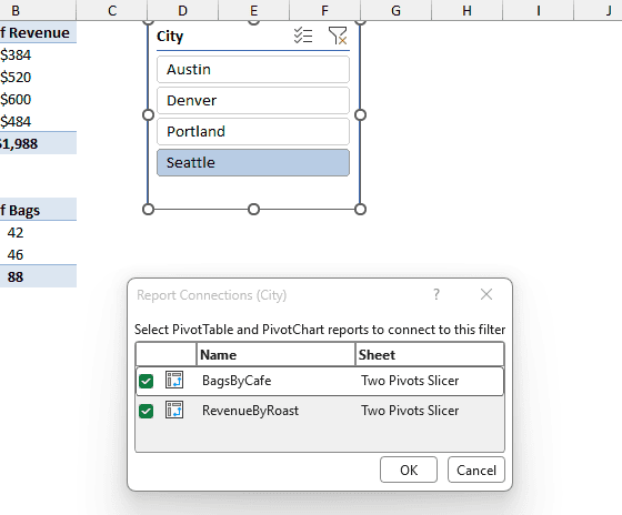 Report Connections dialog with both PivotTables checked