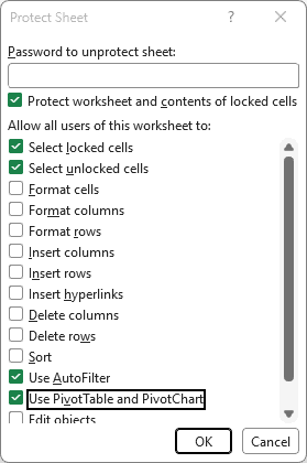 Protect Sheet dialog with Use AutoFilter and Use PivotTable and PivotChart checked