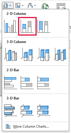 Insert tab column chart dropdown with Stacked Column highlighted