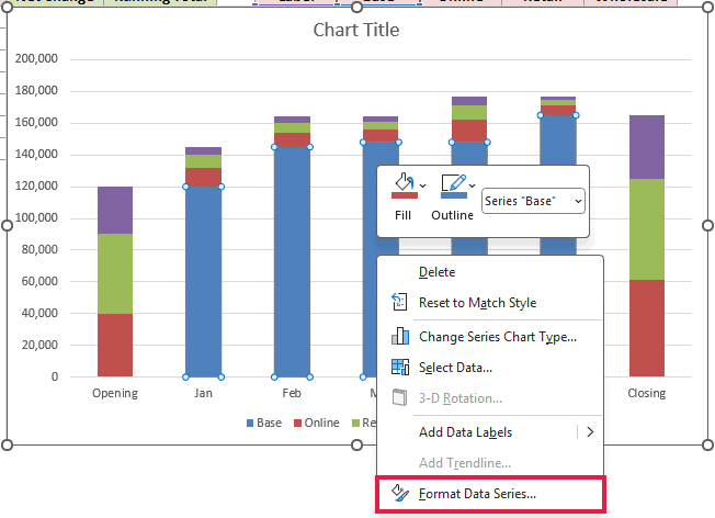 Right-click menu on the Base series with Format Data Series highlighted