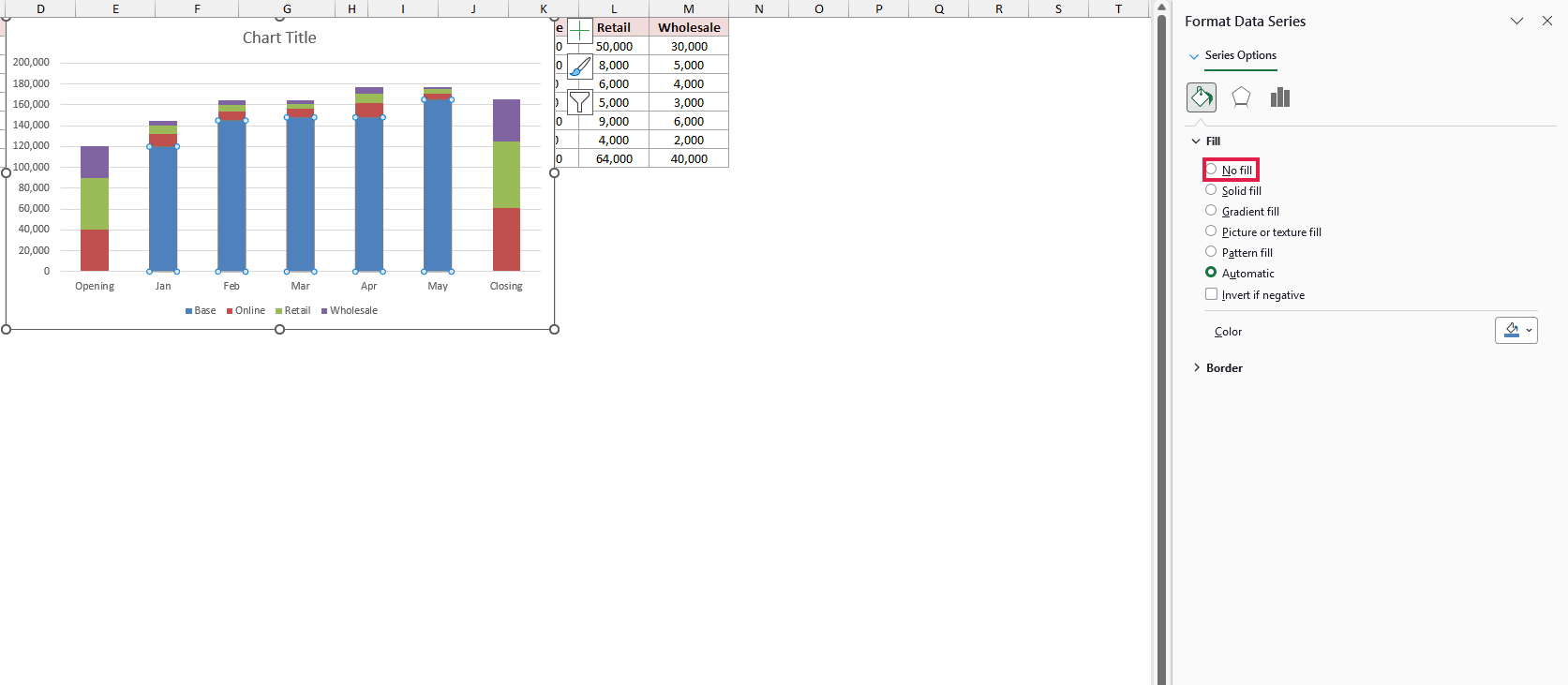 Format Data Series pane with No fill selected for the Base series