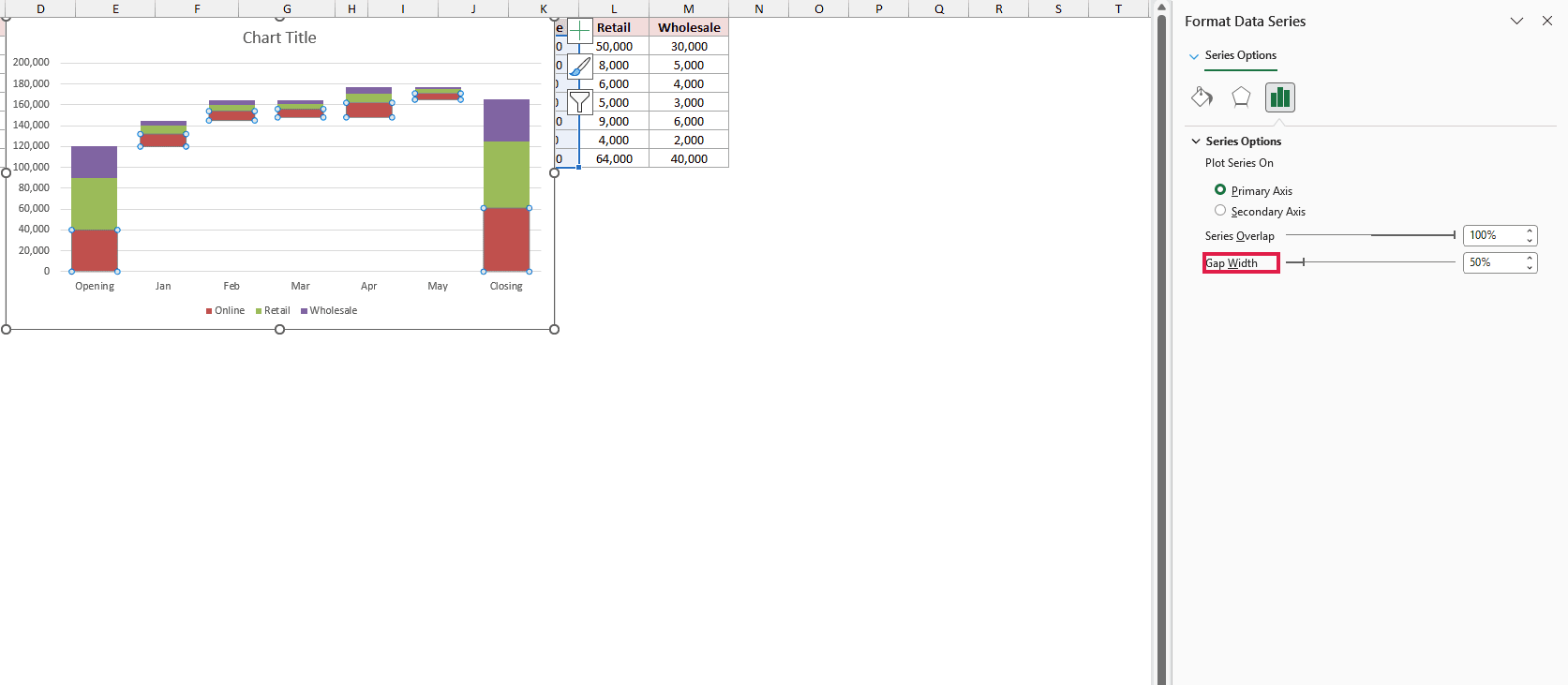 Series Options in the Format Data Series pane with Gap Width set to 50%